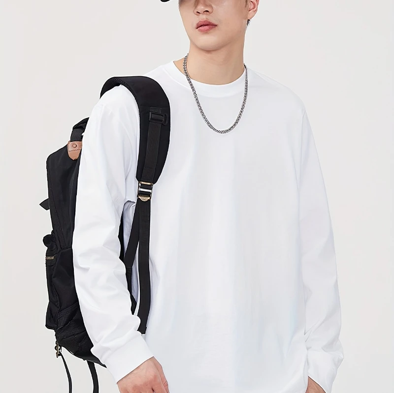 تي شيرت رجالي ثقيل الوزن 100% من القطن الخالص بأكمام طويلة - رقبة دائرية غير مرنة، نمط أساسي يومي، مناسب لصالة الألعاب الرياضية والمكتب #2