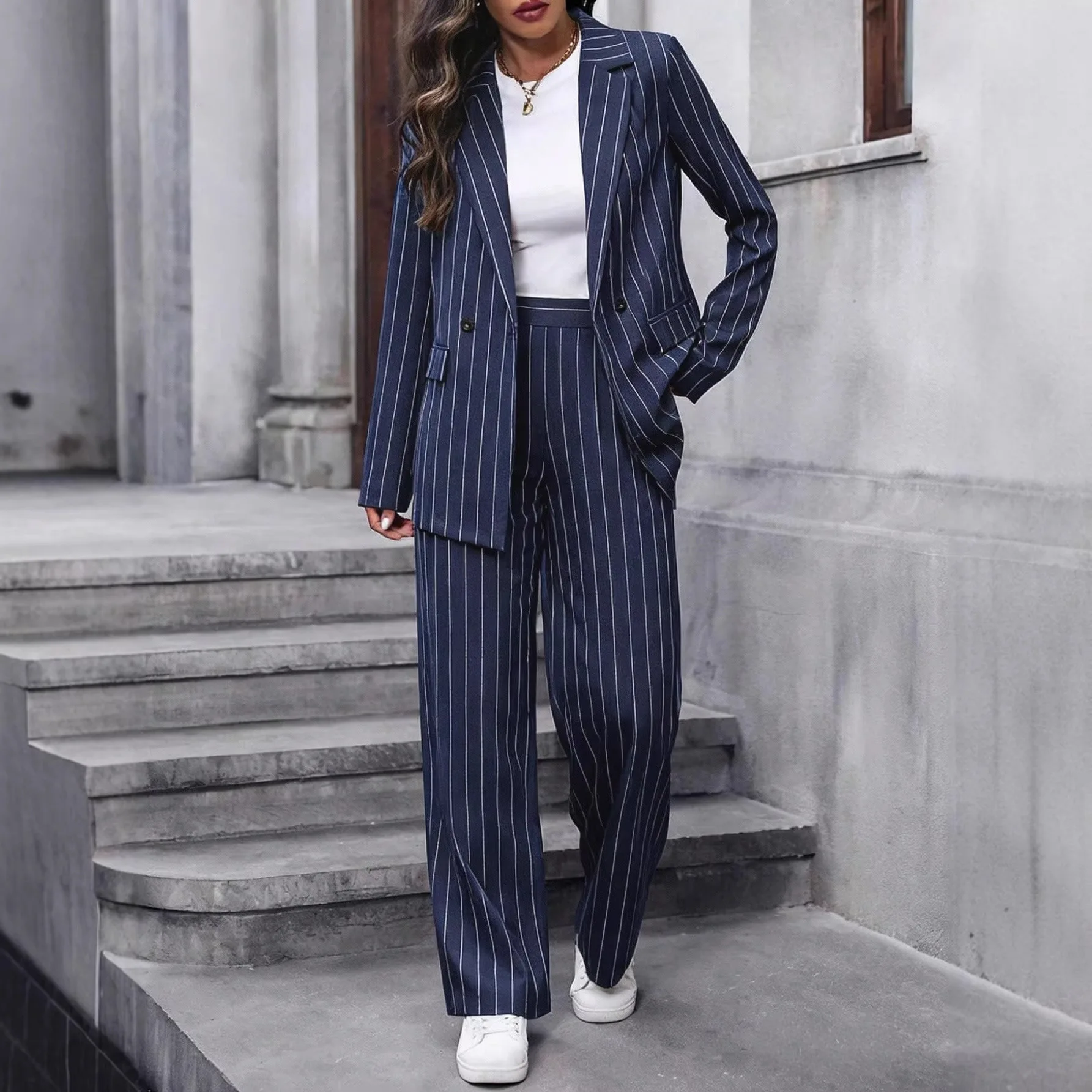 

2026 New Fashion Striped Print Loose Women's Suiting Set for Commuting Professional Long Pants Fiber Material Ladies Set