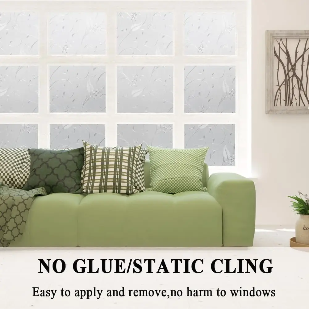 Privacy Window Film Etched Flowers Static Cling Glass Door Film Non Adhesive Heat Control Anti UV Window Cling for Home