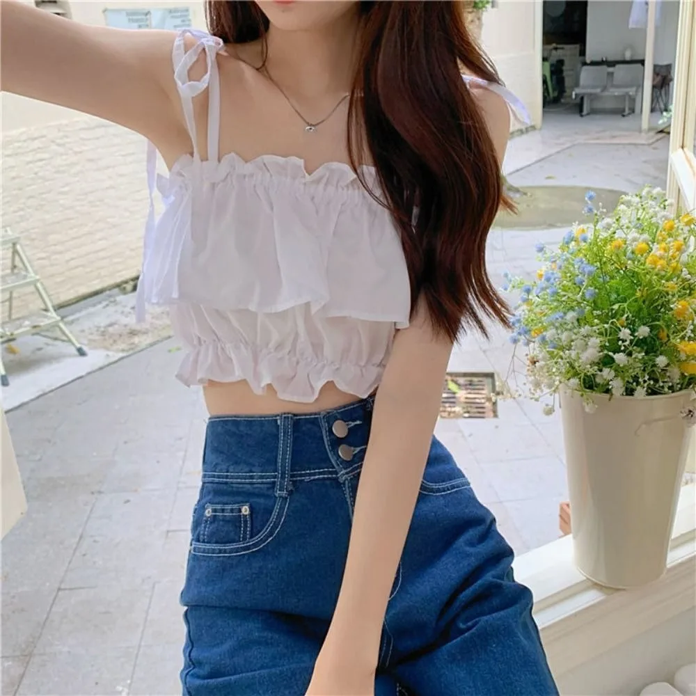 

Майка без рукавов с квадратным вырезом и рюшами и бантом, однотонная майка с открытой спиной и бантом на шнуровке, топы на бретелях, жилет Ins