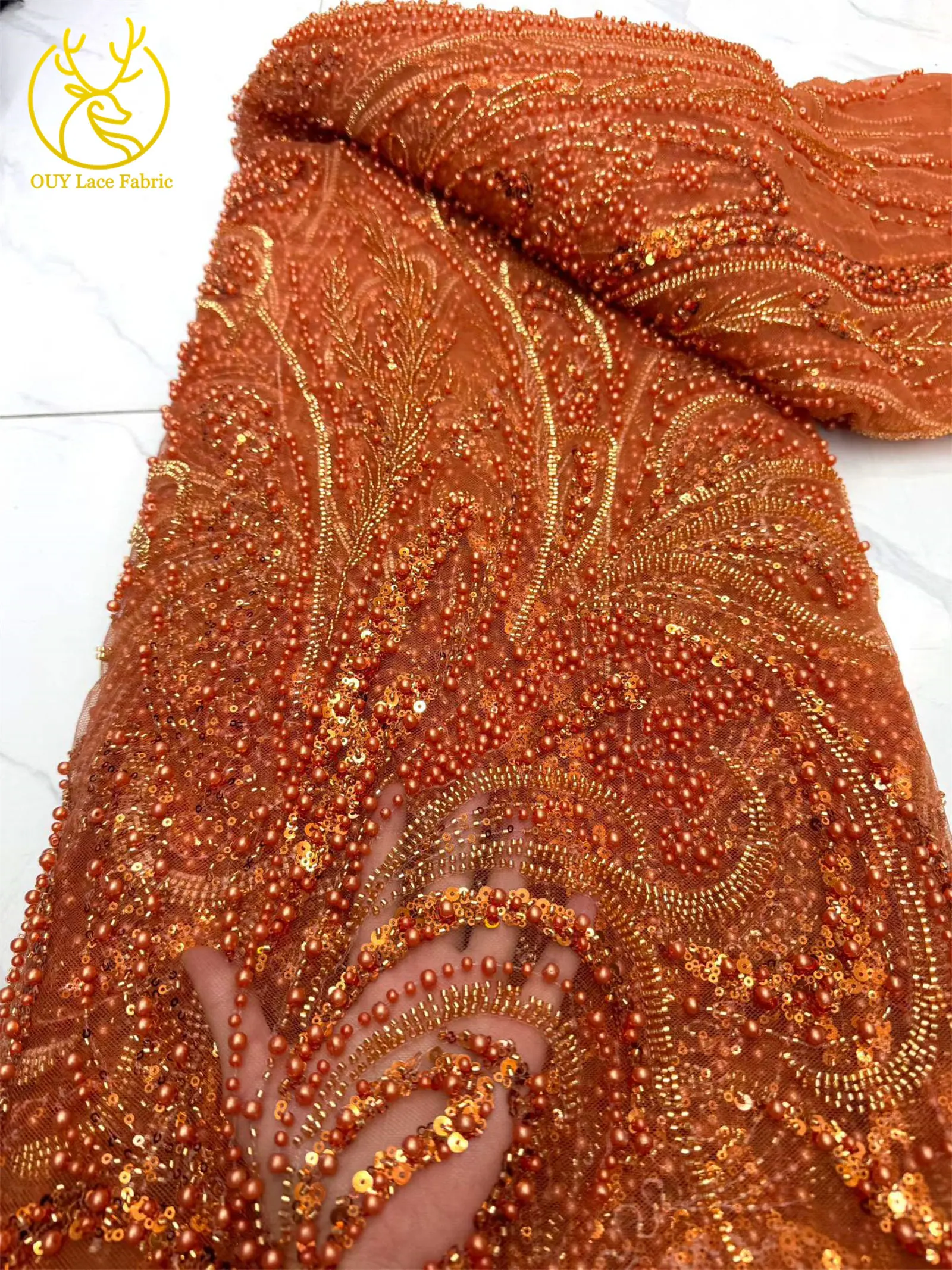 Orangefarbener Perlen-Spitzenstoff, afrikanischer Spitzenstoff, 5 Yards, hochwertige französische Netz-Pailletten-Spitze für Kleider, Heimdekoration, Nähen – Detail 8