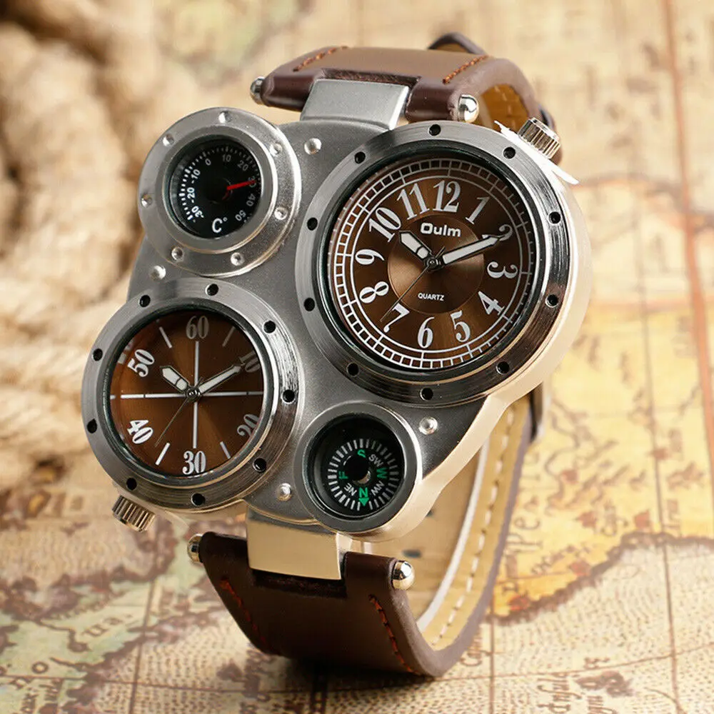 Big Face Oulm Original Quartz Watches Design Dual Time Watch Decorative Compass