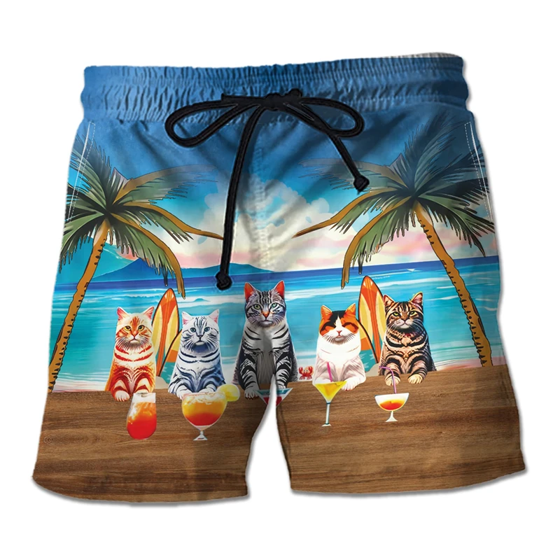 Funny Cat 3D Print Short Pants For Men Clothes Cute Pet Hawaiian Beach Shorts Fashion Animal Boy Trunks Aloha Vacation Trousers