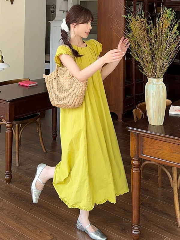 

Loose Korean Sle plus Size Women's Dr Summer New round Ne Pure Color Elegance Fly Sve Design Sense Midi Dr