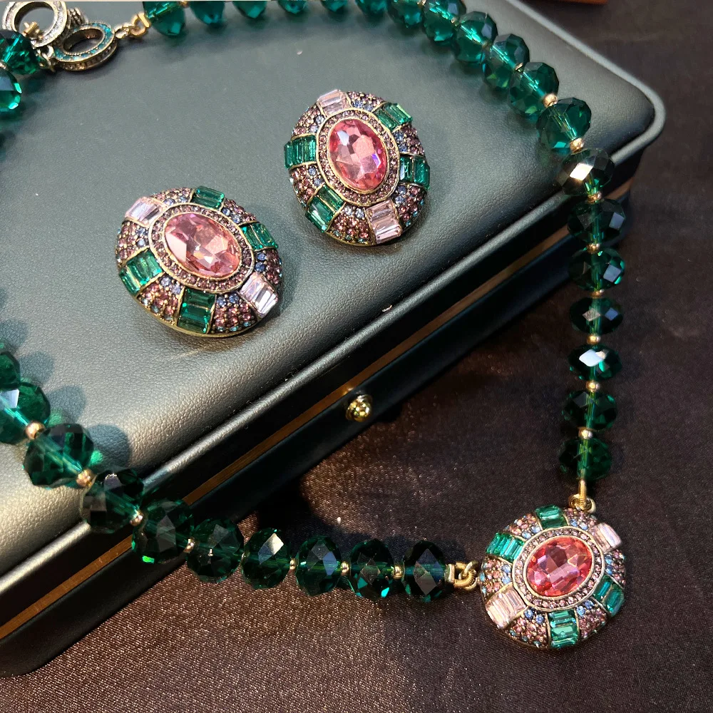 Vintage earrings, Western antique vintage zircon crystal set chain earrings, copper gold-plated marked earrings.