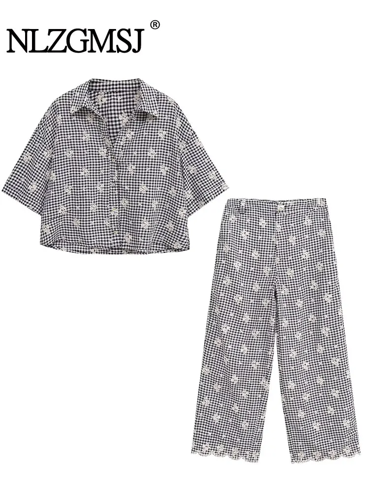 

NLZGMSJ 2025 повседневный шикарный женский костюм с вышивкой, однобортная рубашка, прямые длинные брюки, модные летние комплекты