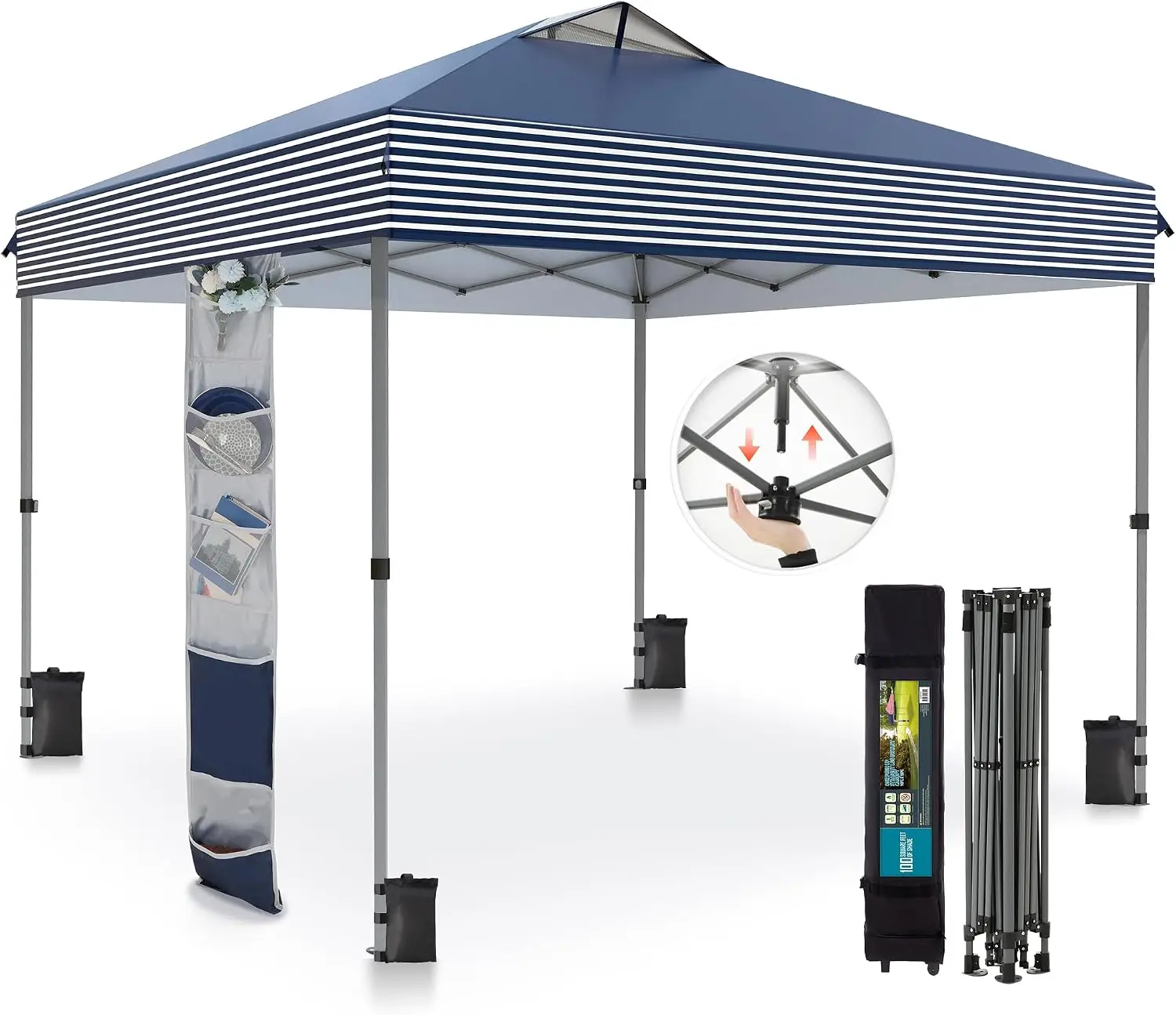 Canopy Tent 10x10 Pop up, One Person Push Set up Tents | Outdoor Canopies Shelter Heavy Duty UPF50+ with 4 Sandbags & Guy Ropes,