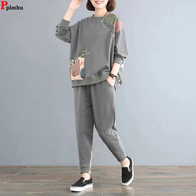 Spring Fall 2 Pieces Sets Casual Printing Sweayshirt Tracksuit Harem High Waist Ankle Length Pants Suits New Oversize 5xl Outfit