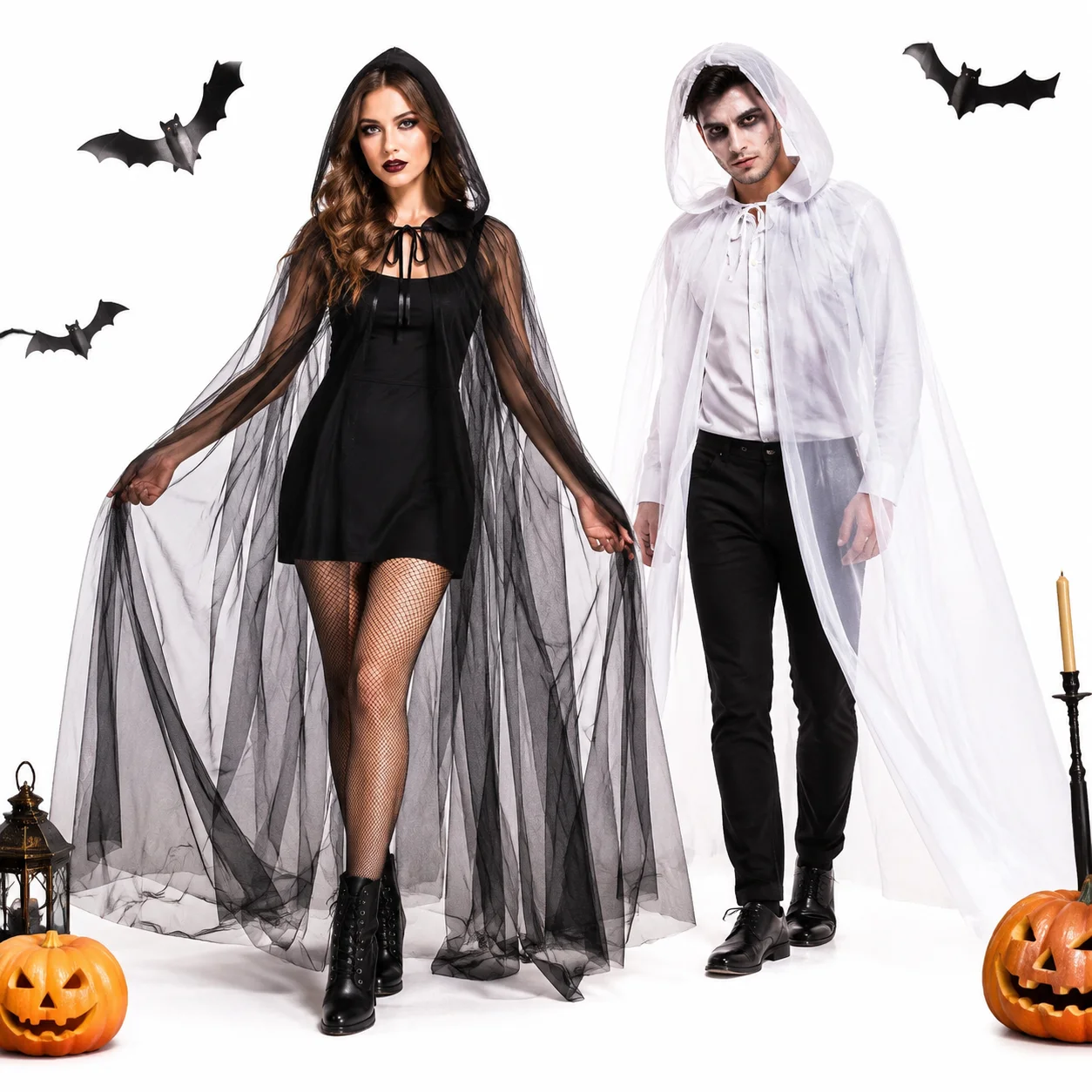 Halloween Hooded Sheer Tulle Cloak Long Mesh Cape Black White Witch Cosplay Cape Gothic Party Photography Prop 150cm