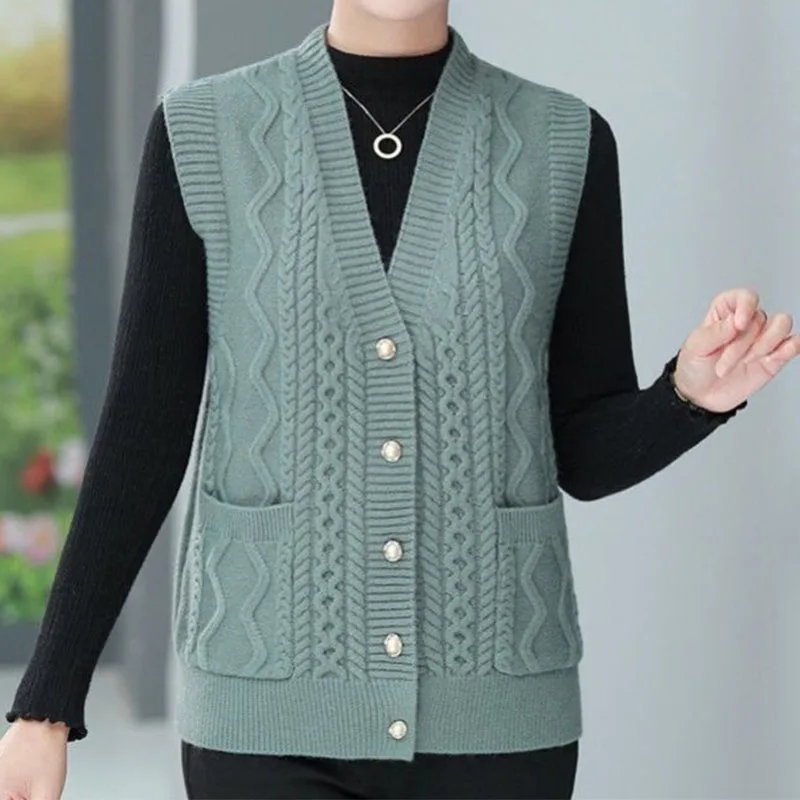 

Sping Autumn Women Sleeveless Sweater Vest V-Neck Solid Jacquard Single Breasted Simplicity Fashion Loose Cardigan Knitted Tops