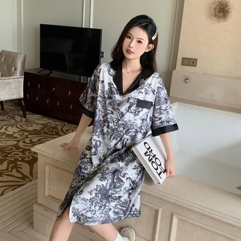 Women's Nightgowns Sleepwear Shirts Nightdresses Spring and Summer Thin Print Satin Silk Nightwear Large Size Loose Loungewear