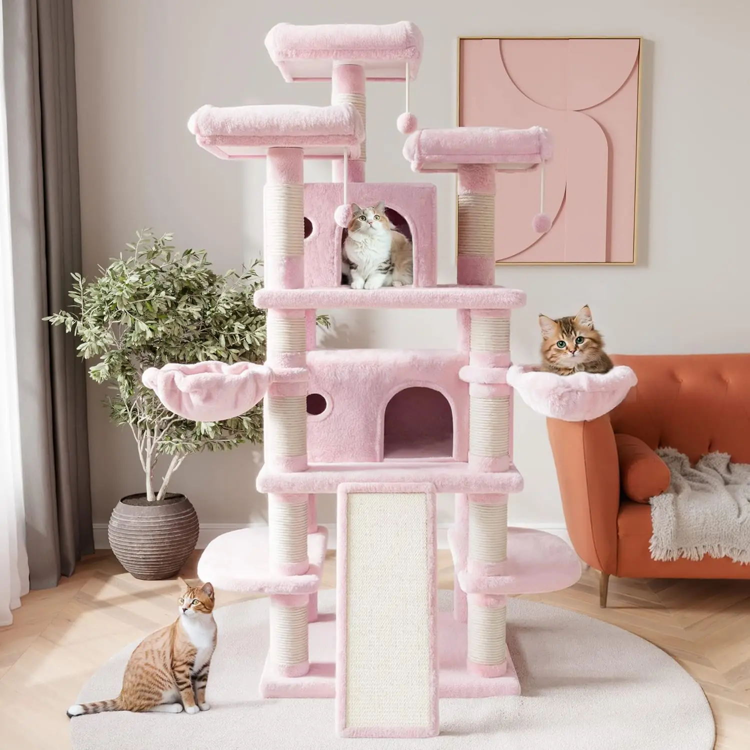 68 Inches Multi-Level Large Cat Tree for Large Cats/Big Tower with Condo/Cozy Plush Cat Perches, Pink