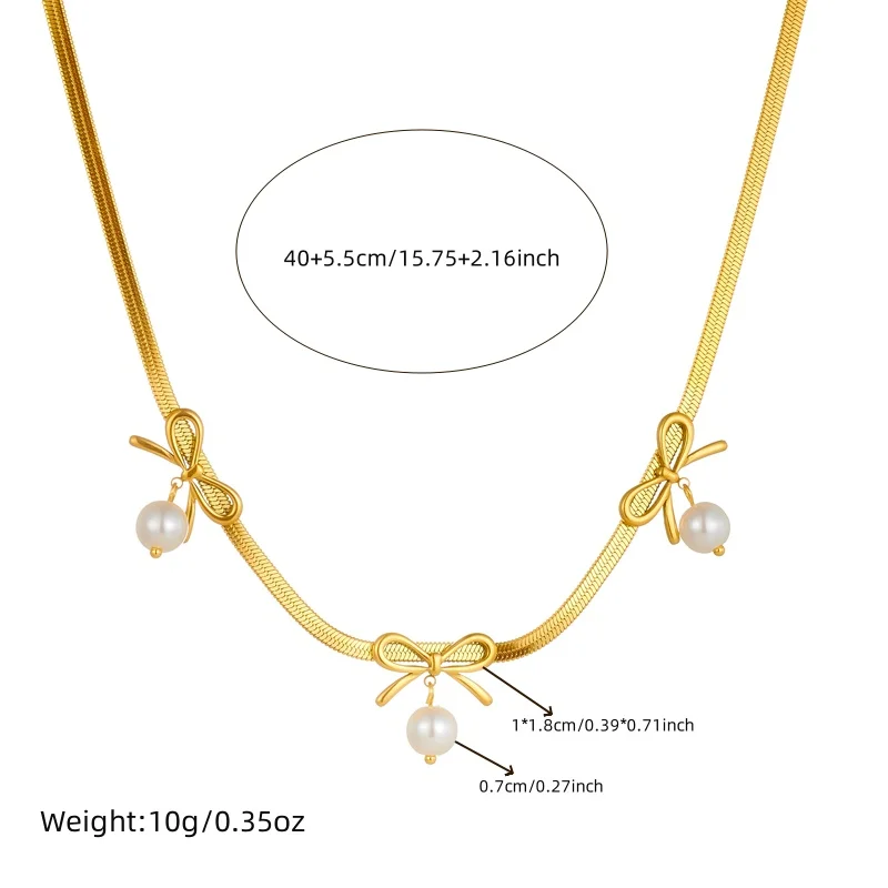 LAMENGLY High Quality 316l Stainless Steel Golden Bowknot Imitation Pearl Snake Chain Necklace Elegant Luxury Neck Chain Gift