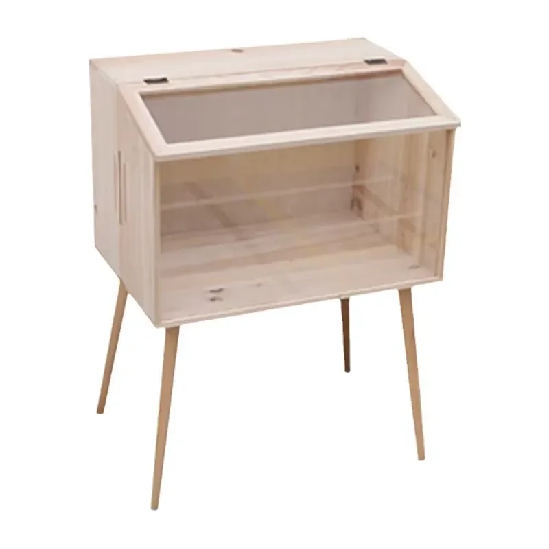 Transparent Wooden Pet Feeding Box for Chicken Hamster Small Animal Food Dispenser Cage Accessory Natural Wood Grain Design