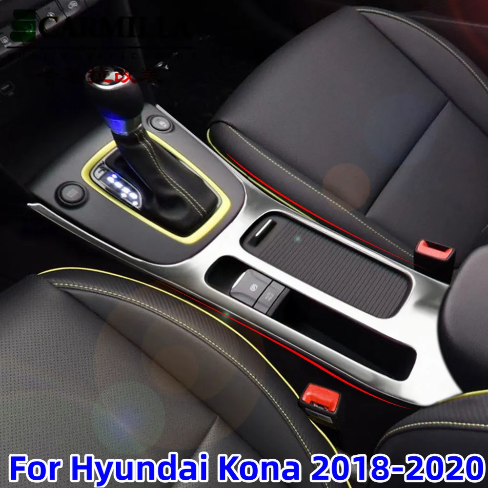 Car Gear Shift Knob Panel Cover Water Cup Sticker Trim for Hyundai Encino Kona Kauai 2018 - 2021 LHD Stainless Steel Accessories