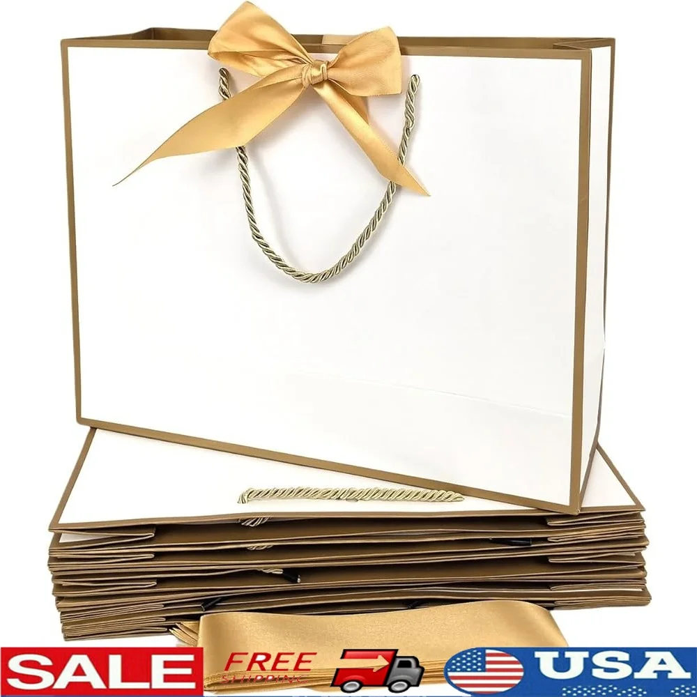 

12Pcs White Gold Gift Bags with Handles Ribbon Bow Wedding Birthday Baby Shower Party Packaging Durable Medium Size