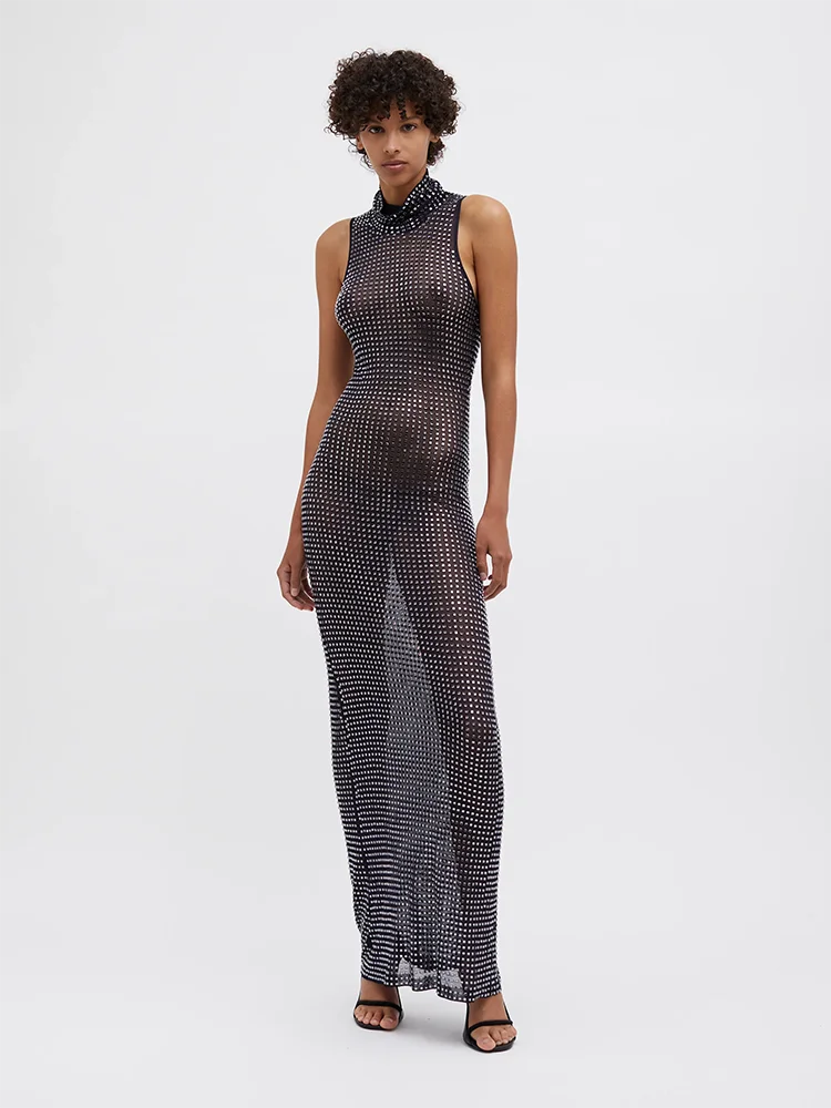 Robe Longue Transparente en Maille de Diamant pour Femme, Tenue de Soirée Sexy, Noire, Transparente, avec Perles, Slim, pour Boîte de Nuit