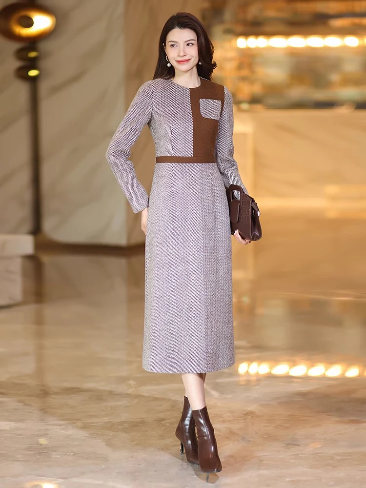 Nowa wełniana długa sukienka damska jesień zima Moda O-Neck Długi rękaw Wąska talia Gruba sukienka Elegancka Prostota Patchworkowa sukienka