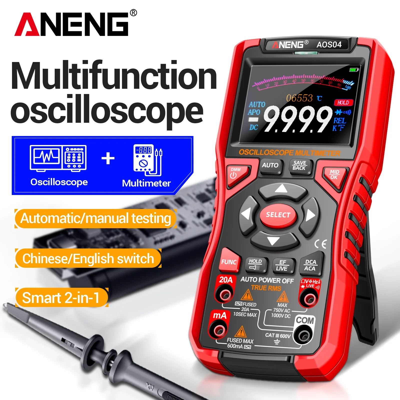 ANENG AOS04 2In1 Oscilloscope Multimeter 10MHz 50MSa/s NCV Temp Waveform Storage USB Charging Circuit Debug Repair Test Tool