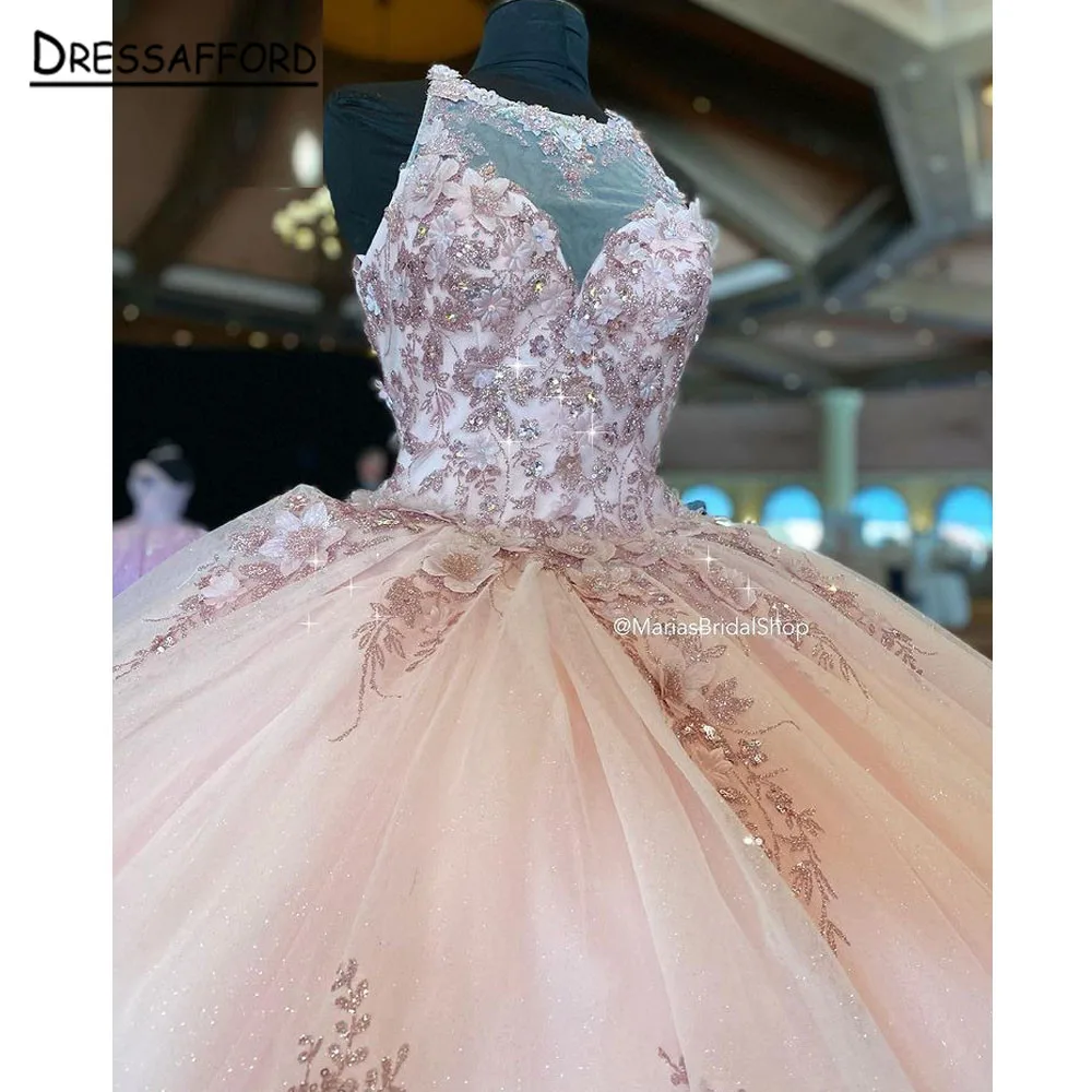 

Pink Crystal Appliques Lace Ruffles Quinceanera Dress Ball Gown Sleeveless 3D Flowers Beading Corset Vestido De 15 Anos