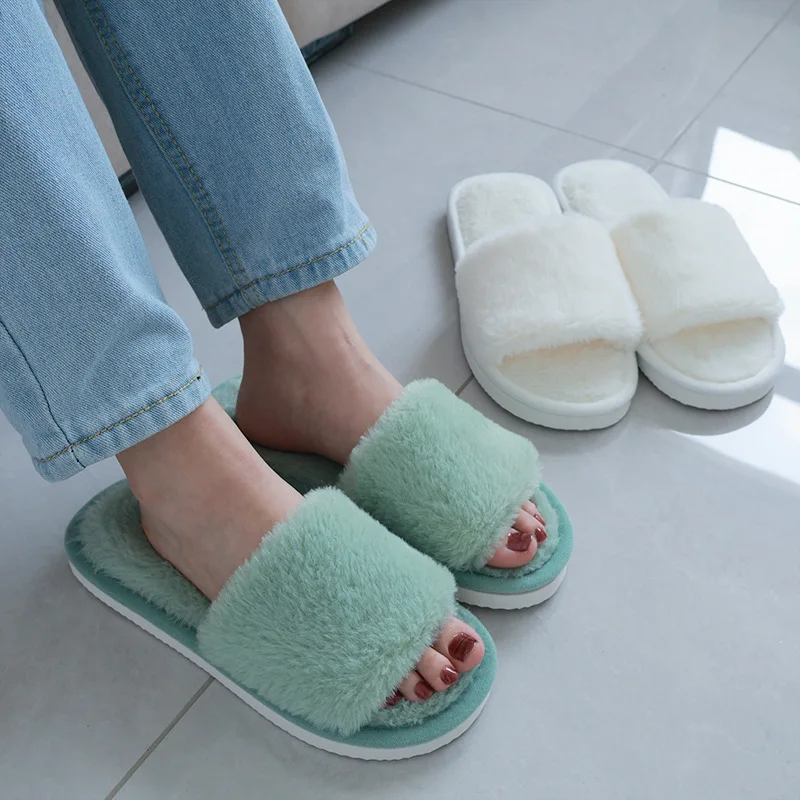 

Autumn and Winter Large Size New Women's Home Slippers Slide Sandals White Fur Warm Plush Comfortable and Lightweight Flats