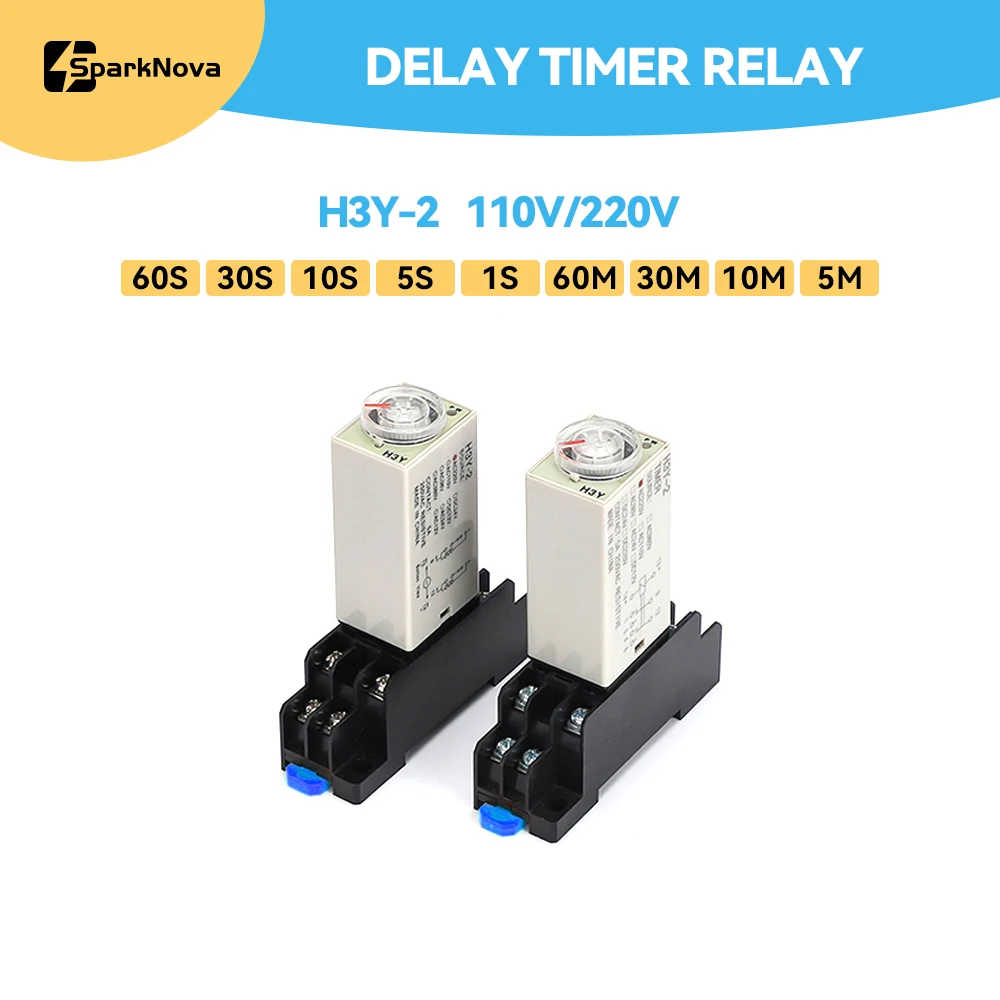 1 Set Rotary Knob Delay Timer Relay DPDT 1S/5S/10S/30S/60S/10M/30M/60M H3Y-2 Time Relay AC 220V with Base Socket Time Switch