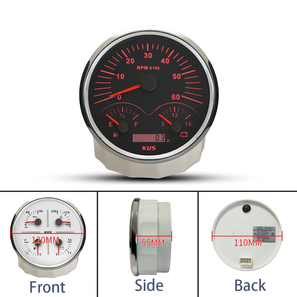 KUS 3 in 1 4 in 1 Multifunction Gauge Tachometer Oil Pressure Water Temp Fuel Level Meter 12V Voltmeter 110mm with Backlight
