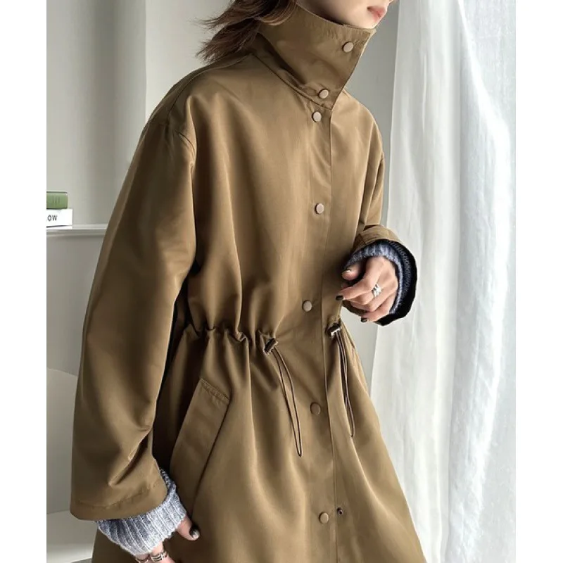 

New Japanese And Korean Standing Collar Windbreaker Women's Autumn New Design Sense Tunic Waist Loose Mid Length Over Knee Coat