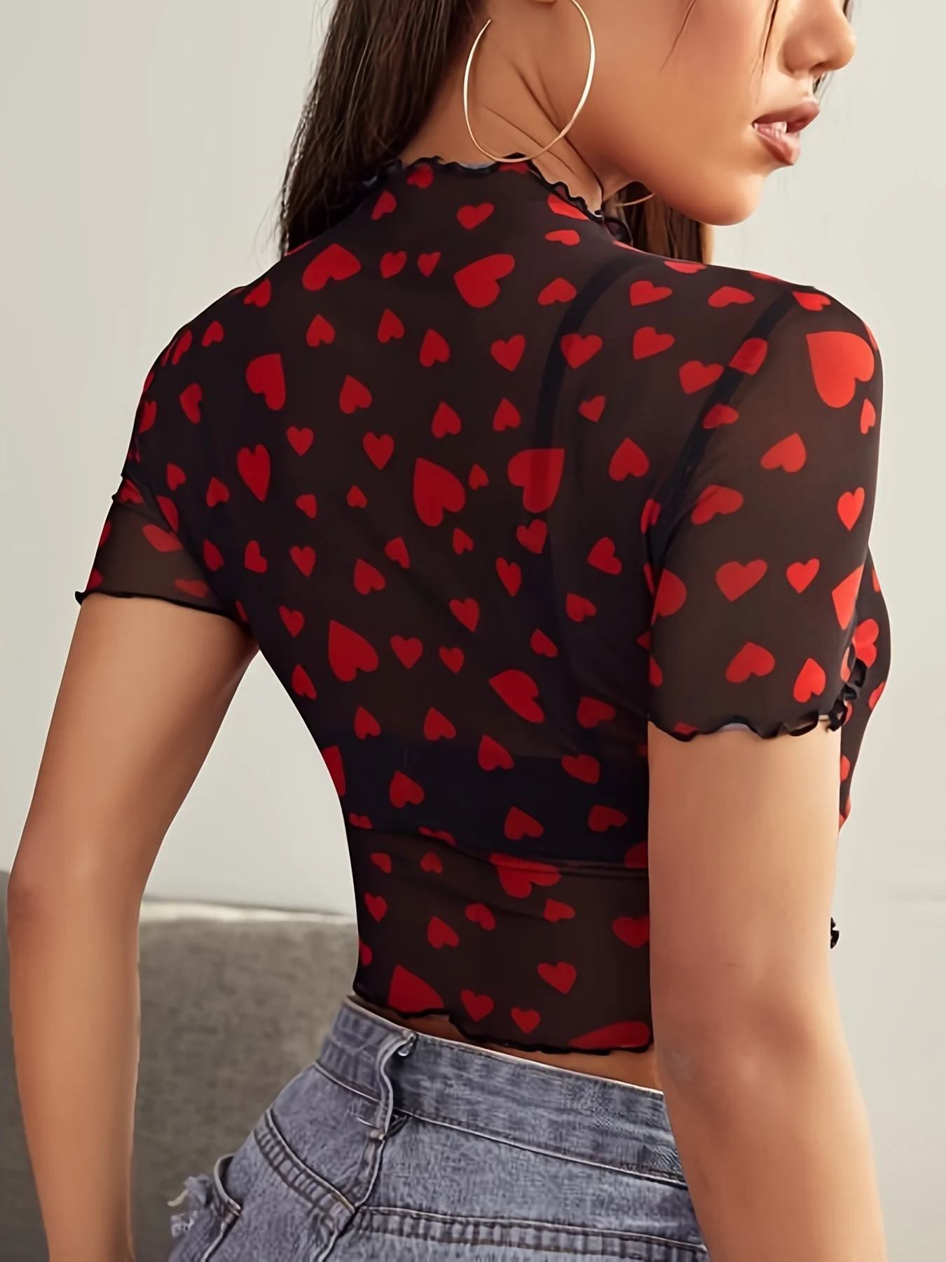 Lettuce-edged Heart-shaped Mesh Top Without Bra, Spring/Summer Women's Wear