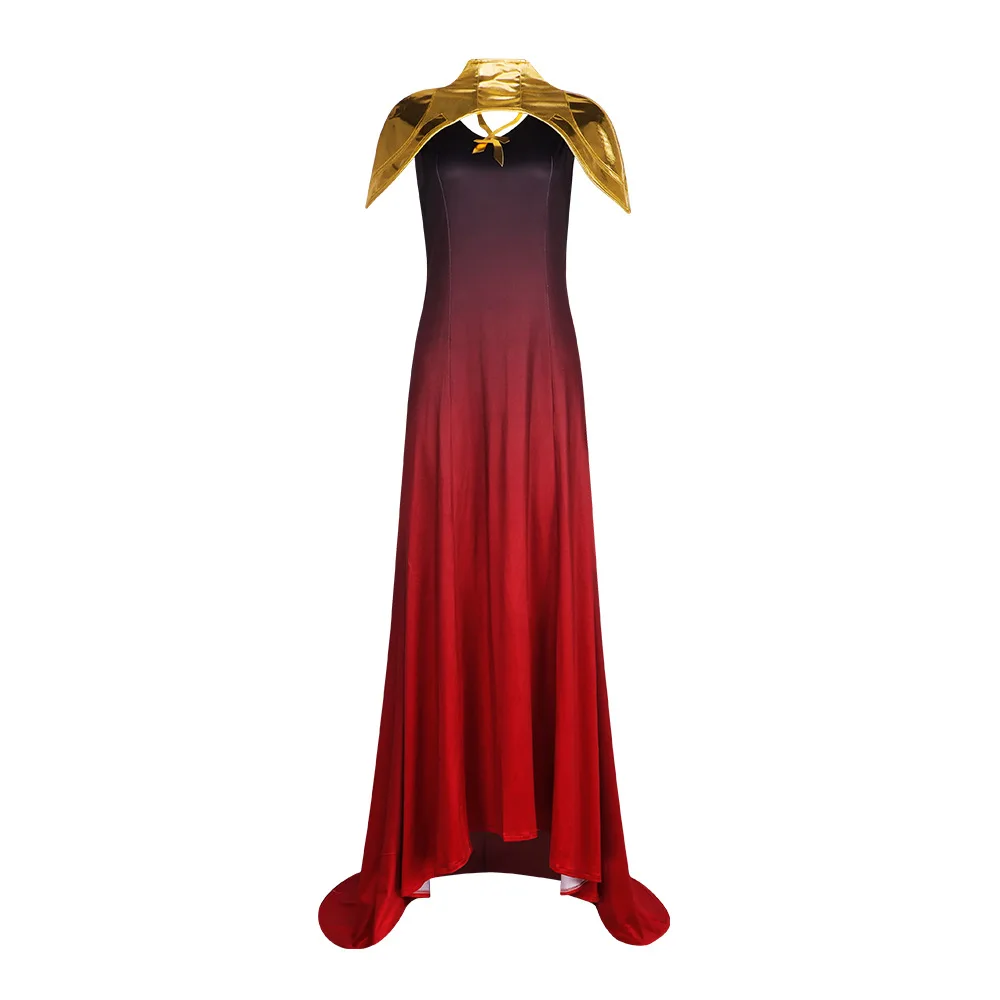 

Womens Shadow Lords Carmilla Cosplay Costume Girls Halloween Party Floor Length Vampire Queen Red Dress Golden Cap Sleeve Vest