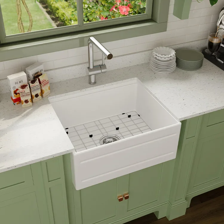 24 Cupc Single Bowl White Rectangle Reversible Farmhouse Apron - Front Ceramic Refractory Clay Kitchen Sink