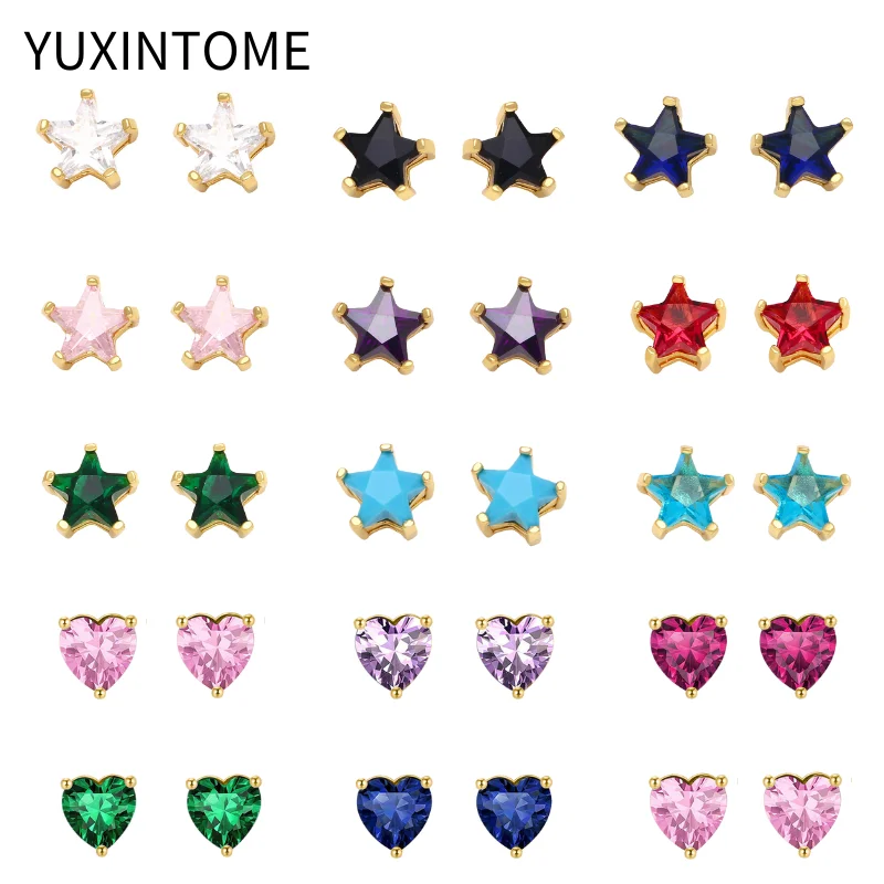 

925 Sterling Silver Ear Needle Colorful Crystal Small Stud Earrings For Women Star/Heart Piercing Gold Earring Fashion Jewelry