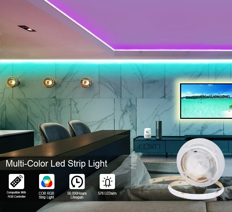 COB RGB LED Strip Lights 576 LEDs/m High Density Flexible Dimmable FCOB Led Tape Colorful Rope Lighting DC12V 24V