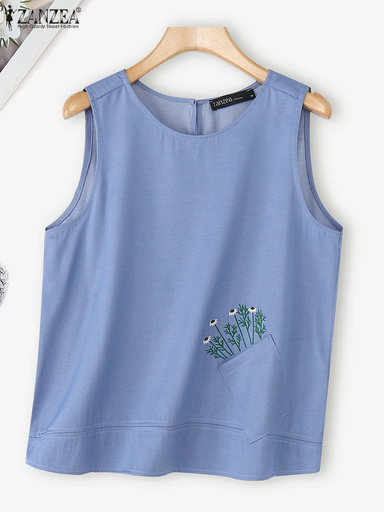 ZANZEA Moda Ricamo floreale Top Donna Senza maniche Carro armato Top 2025 Tees Tasche Estate Casual Allentato Camis Coreano Dolce Camicie