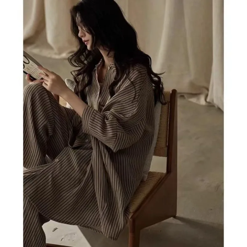 

Pajamas women spring and summer lazy loose striped thin nine-minute sleeve shirt senior long home clothes can be worn