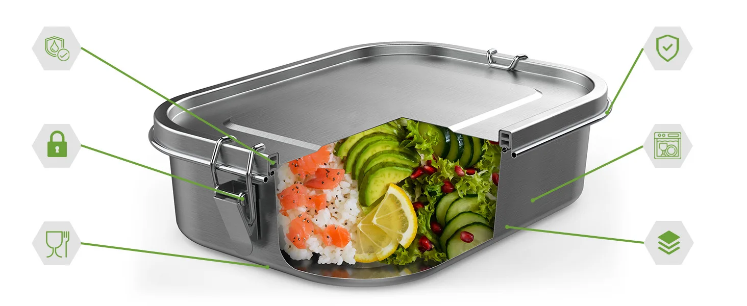 Hot-selling stainless steel crisper outdoor storage picnic box food grade office bento box double buckle lunch box
