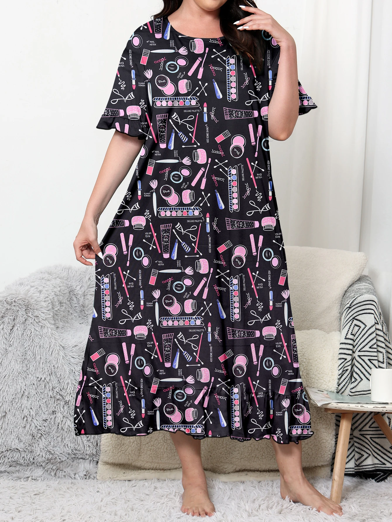 Plus size dress, knee length dress, cartoon style for home and casual wear, can be worn externally. Plus size 1-5XL 2024 new dre