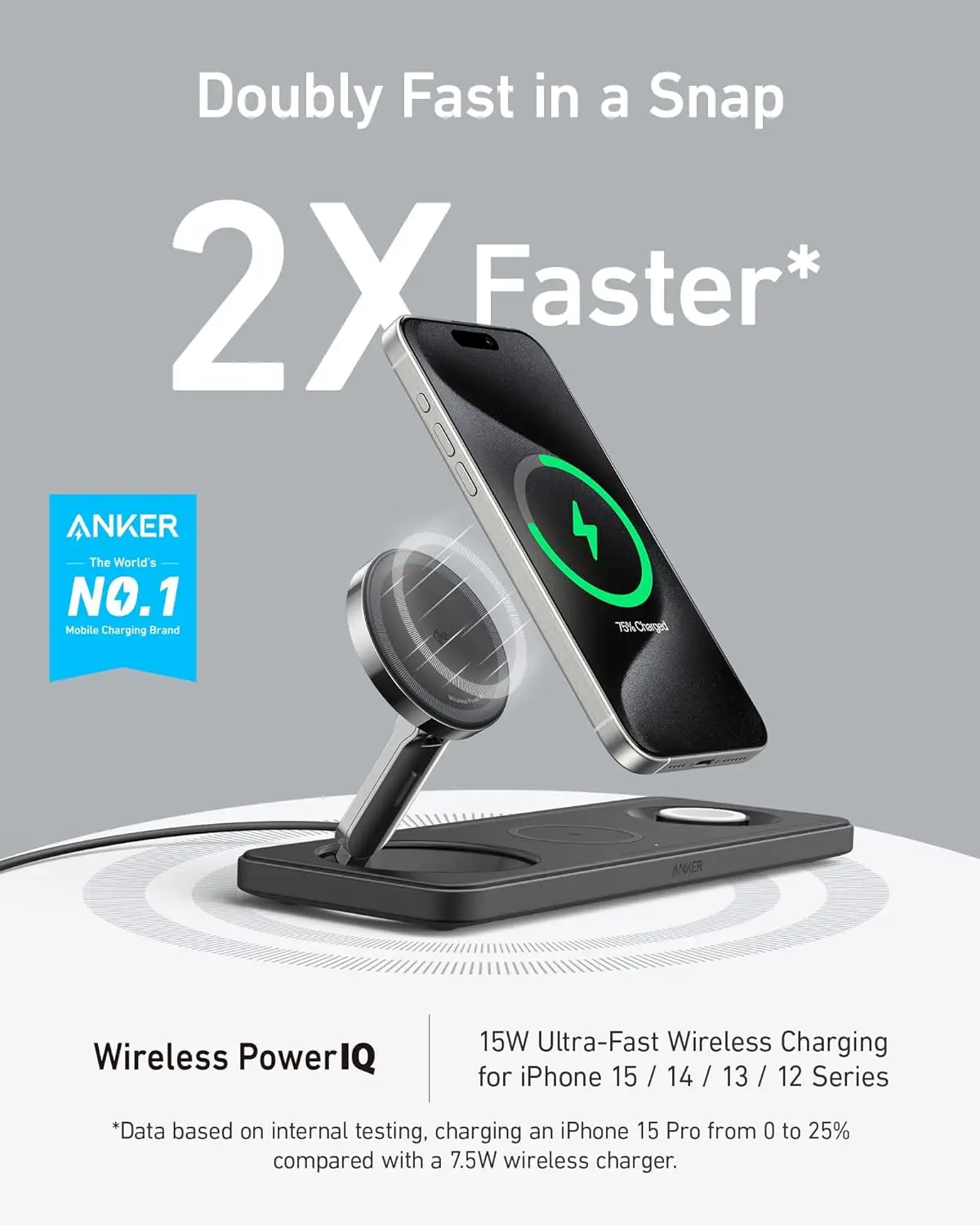 Anker MagGo Foldable 3-in-1 Wireless Charging Stand, Qi2 Certified, for iPhone 15/14/13/12, AirPods, Apple Watch