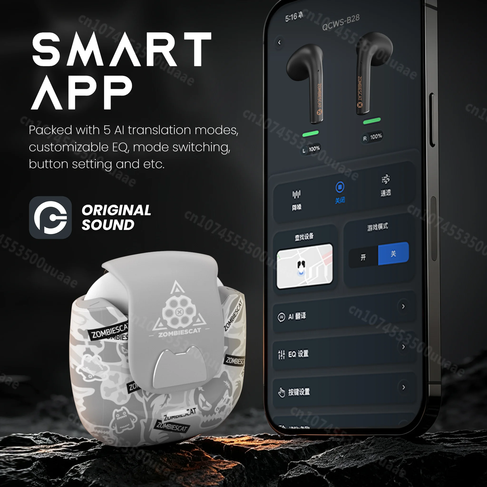 Zombies Cat B28 Graffiti Bluetooth 6.0 Semi In-Ear Earbuds AI Translating Headphone Custom EQ TWS Wireless Earphone with APP