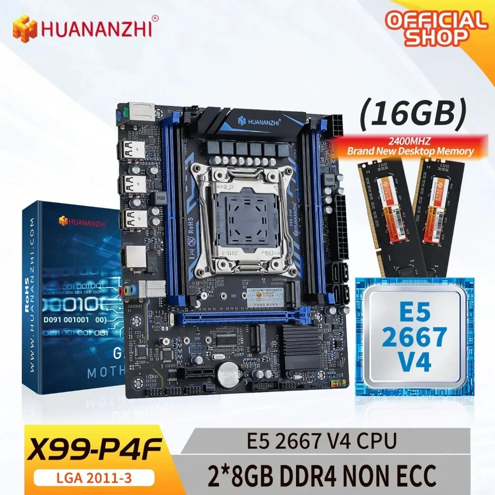 HUANANZHI X99 P4F LGA 2011-3 Xeon Kit combinado de placa-mãe com processador Intel E5-2667 V4 2x8GB DDR4 Memória sem ECC Suporte NVMe