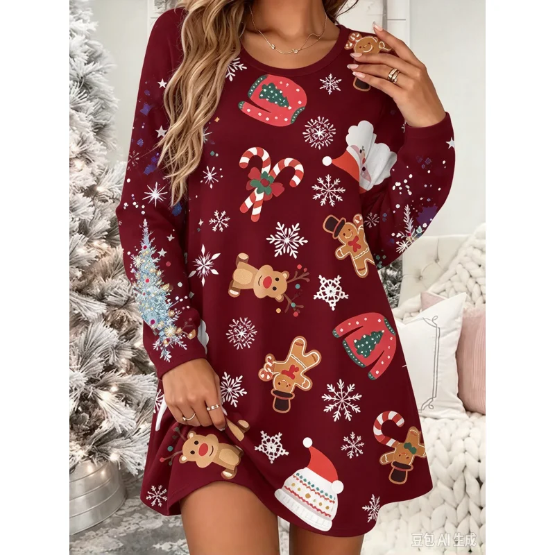 New autumn Christmas clothing for women long sleeved round neck casual loose A-line dress 3D Christmas element printed dress