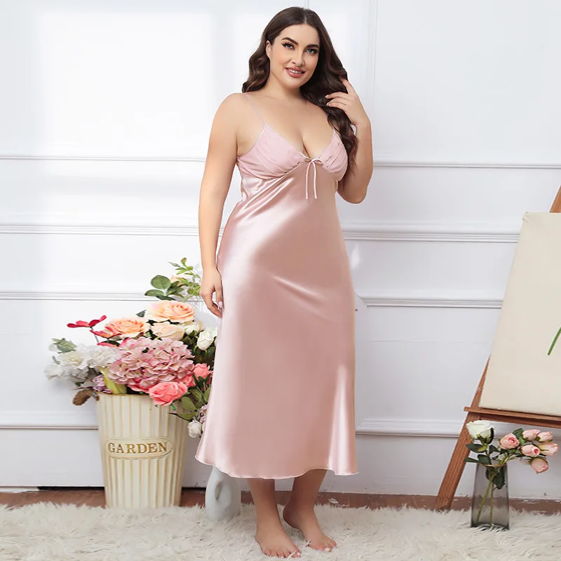 Large size Women Sleepwear Summer Homewear Solid Satin Seemless Midi Nightdress Plus Size Spaghetti Strap Nightgown 60-75kg