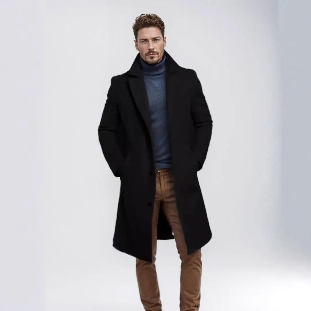 

Fashionable Woolen Coat Jacket Medium Length Button Youth Outerwear Spring Season PU Material Tailored Fit Straight Hemline
