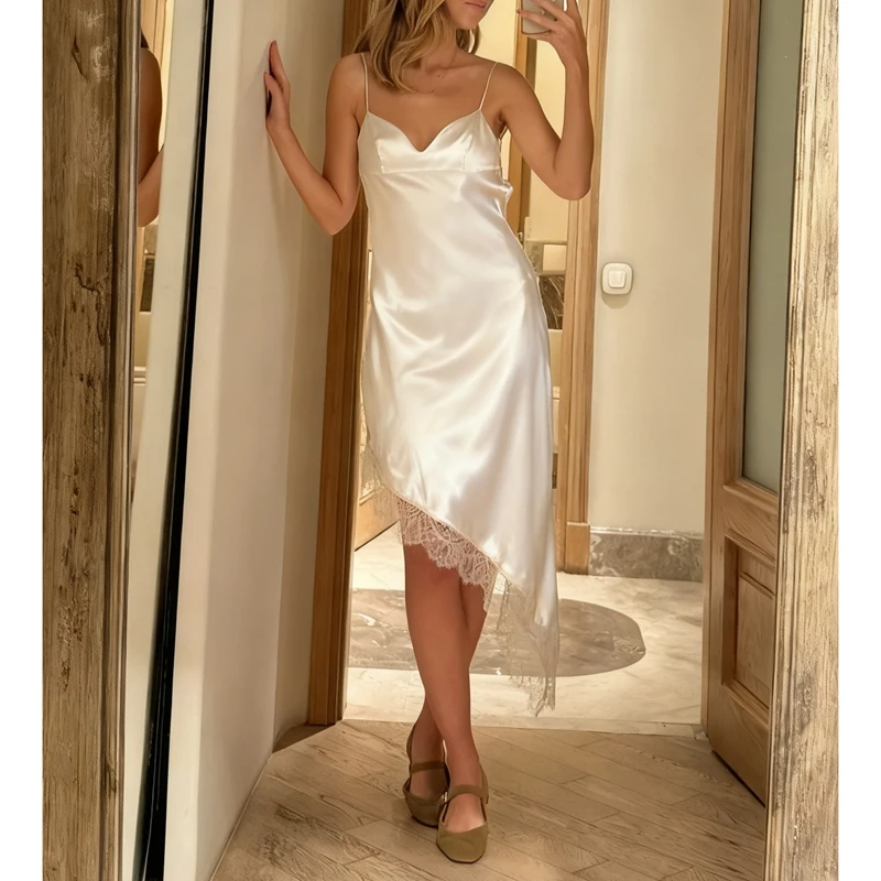 Combhasaki المرأة مثير الأزهار الدانتيل المشذبة غير المتماثلة هيم فستان حريري الساتان أنيقة الصيف تعادل عارية الذراعين شاطئ كامي زلة فساتين #1