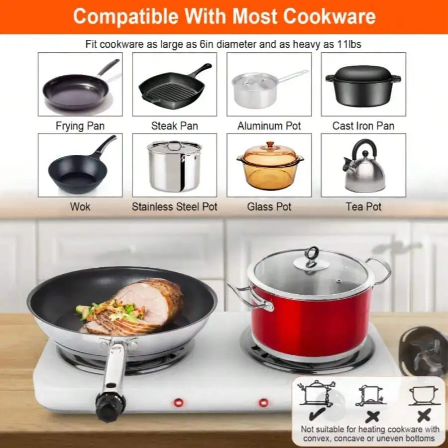 

2000W Electric Double Burner Portable Coil Hot Plate Stove Countertop RV Hotplate 5 Temperature Adjustments Non Slip Rubber Feet