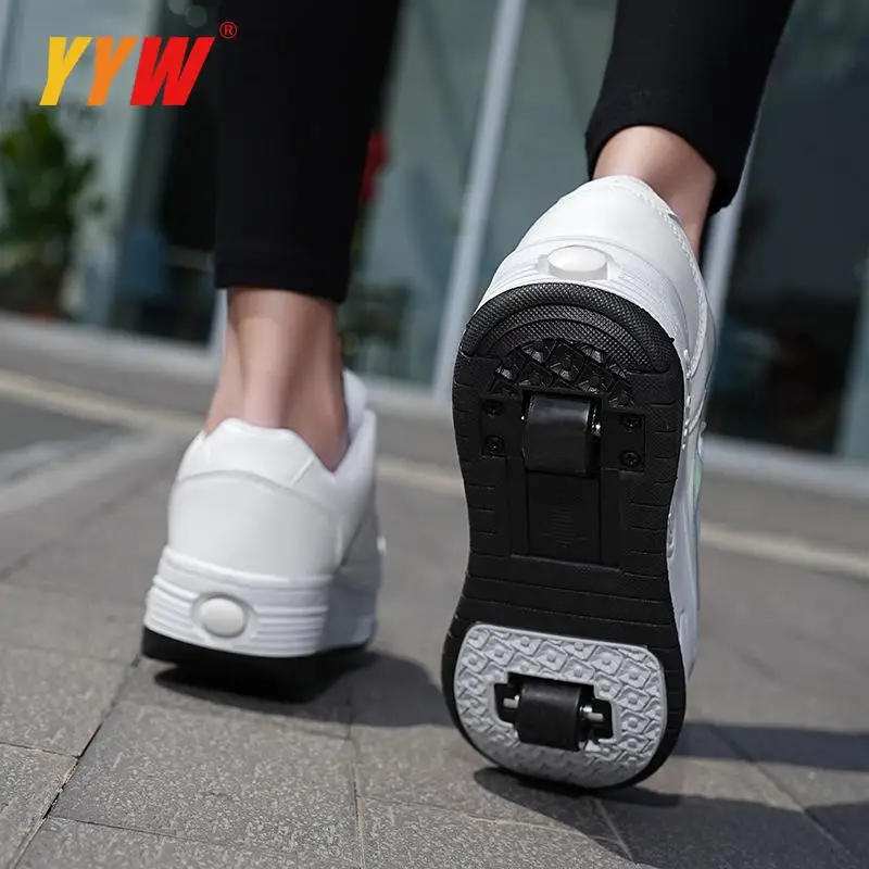 Kids Adult Roller Skates Shoes With 2 Wheels Automatic Invisible Skating Sneaker Black White Breatheable Outdoor Flying Shoes