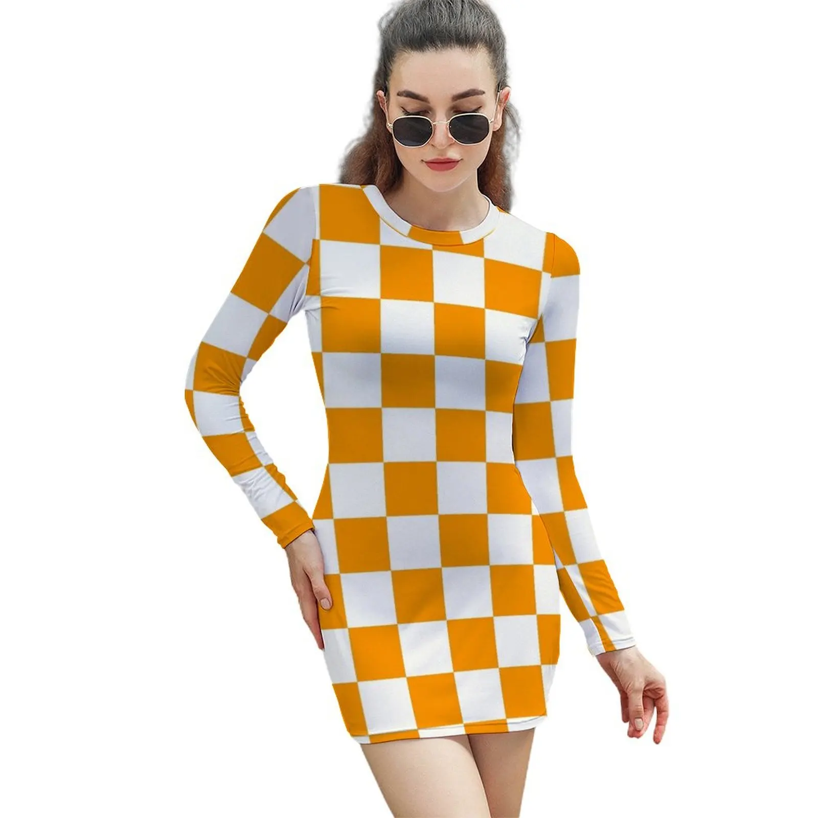 

Orange and White Checkered Pattern Long-Sleeved Sheath Dress dresses for women dresses for prom