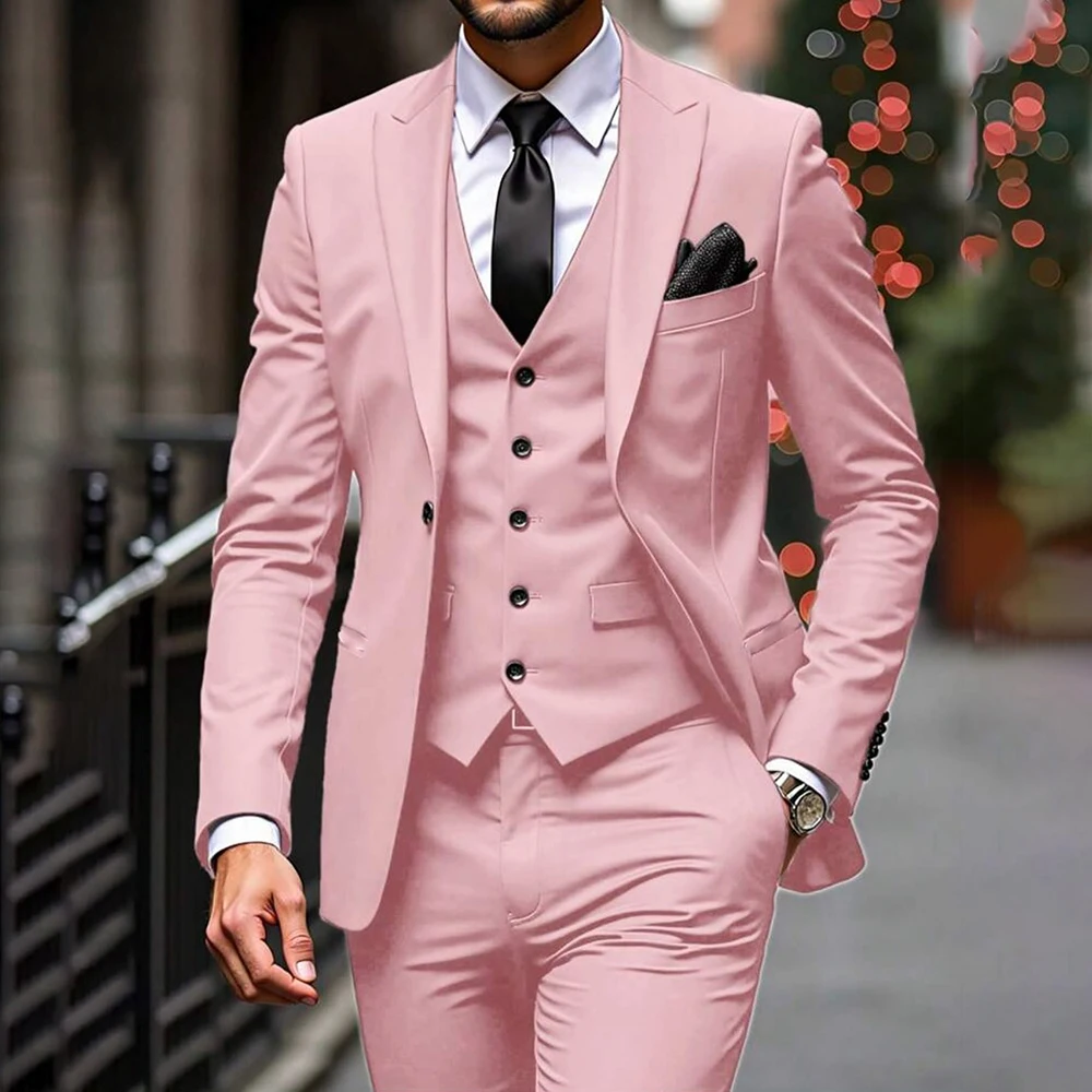 

Высококачественные розовые мужские костюмы, формальный однобортный пиковый лацкан, приталенный костюм, куртка, брюки, жилет, роскошная свадебная одежда для жениха