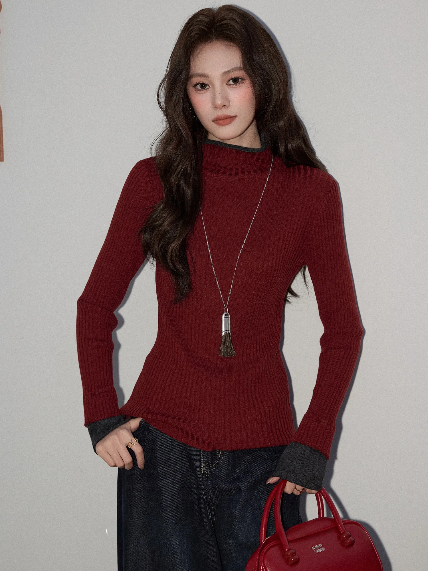 

Red High Collar Splice Knitted Sweater Women's Slim Fit Autumn Winter Casual Sle Long Sve Top Inner Wear by Mi Xiaoke