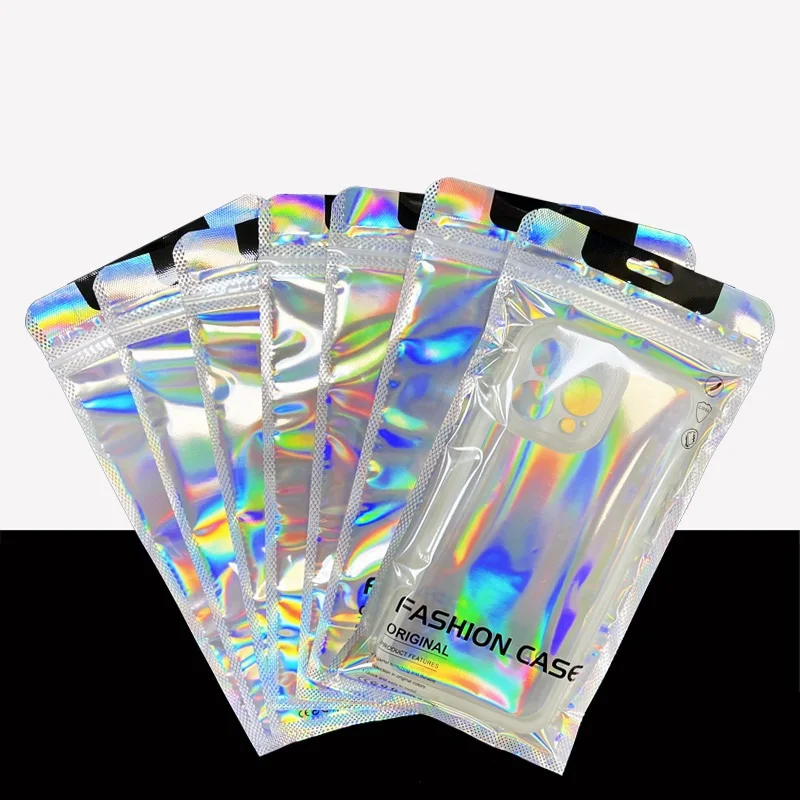 

1000Pcs/Lot Laser Mobile Phone Case Packaging Bag Gold Transparent Aluminum Foil Case Plastic Self sealing Ziplock Bag